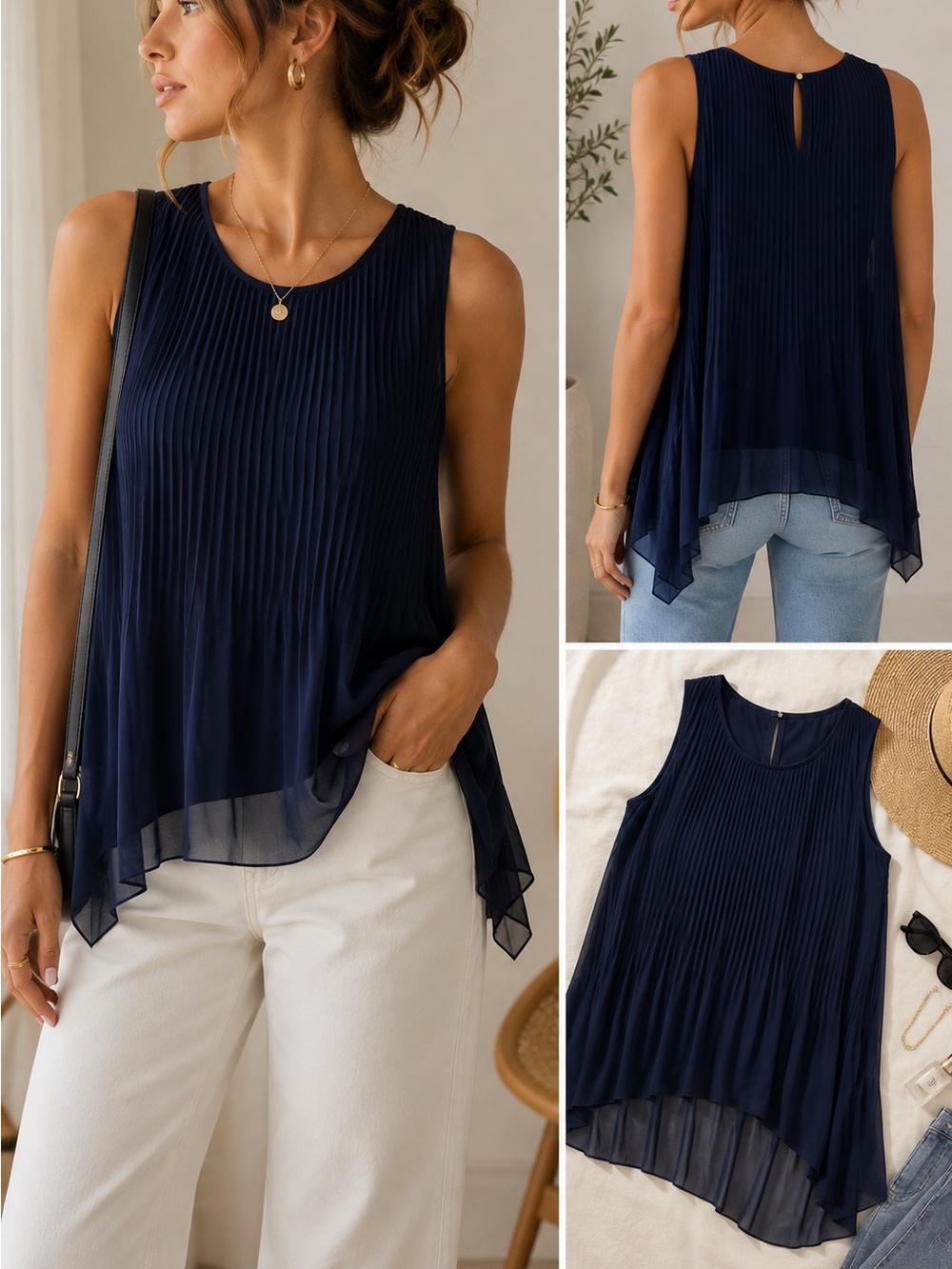ZARA Navy Blue Pleated Chiffon Tank Top Flowy Layered Tunic XS